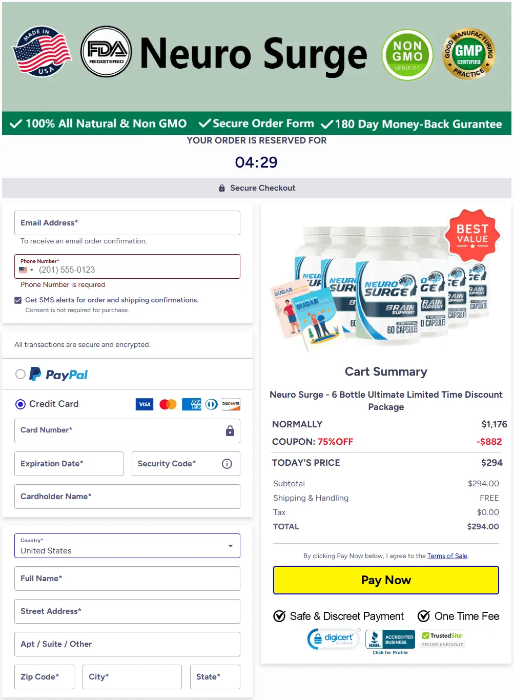 Secure Neuro Surge checkout page for placing your order